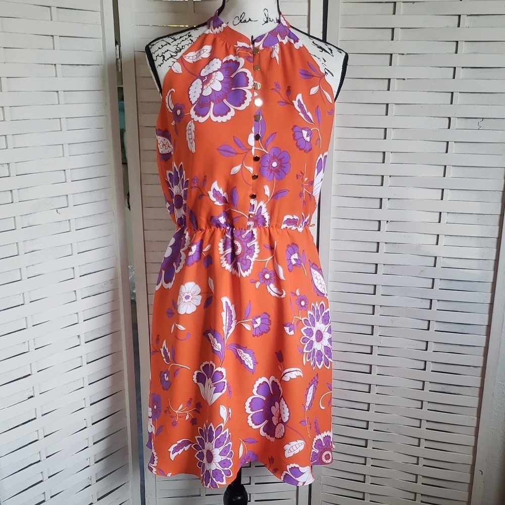 Ann Taylor Floral Orange And Purple Sleeveless Dress Size 4p New